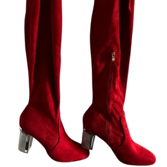 Red Suede Women's Boots with Clear Heels - Picture 5 of 5